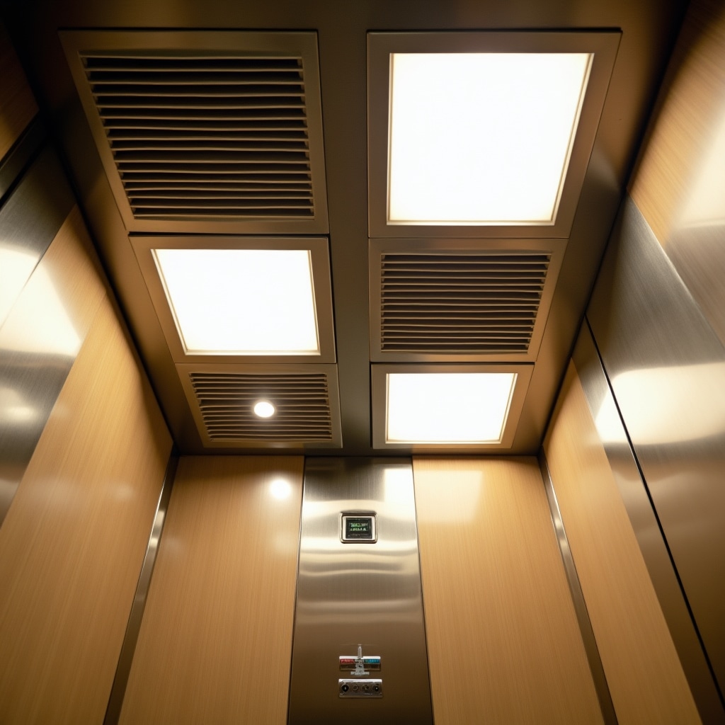 Interior view of elevator cabin showing LED lighting panels and ventilation system