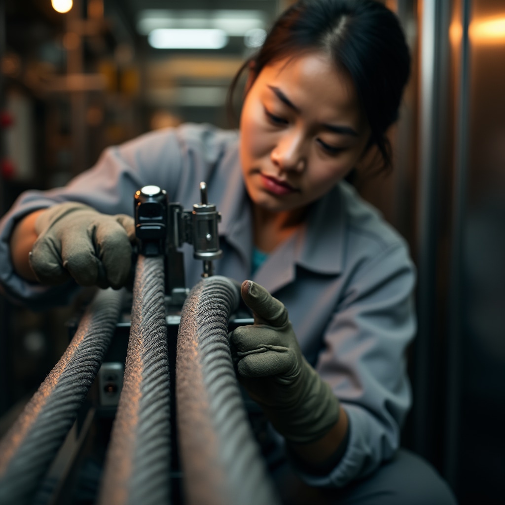 Technician examining steel elevator cables with measuring tool checking for wear and fraying