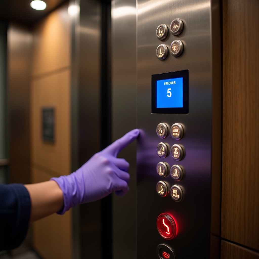 Elevator control panel with illuminated floor buttons and digital display being tested