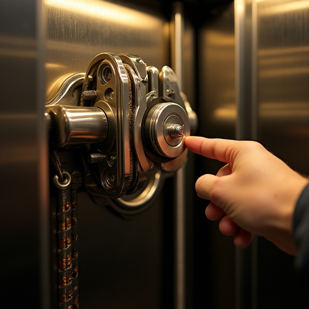 Close-up view of elevator door operator mechanism showing pulleys cables and safety sensors