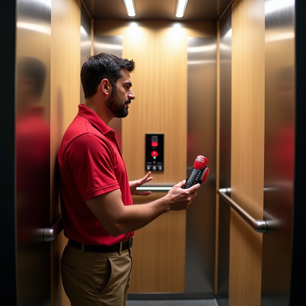 Technician testing emergency intercom phone inside elevator cabin with communication device