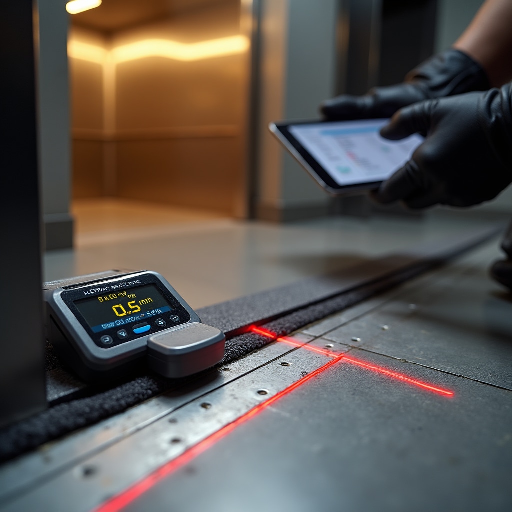 Measuring tool checking precise floor alignment and leveling accuracy of elevator cabin