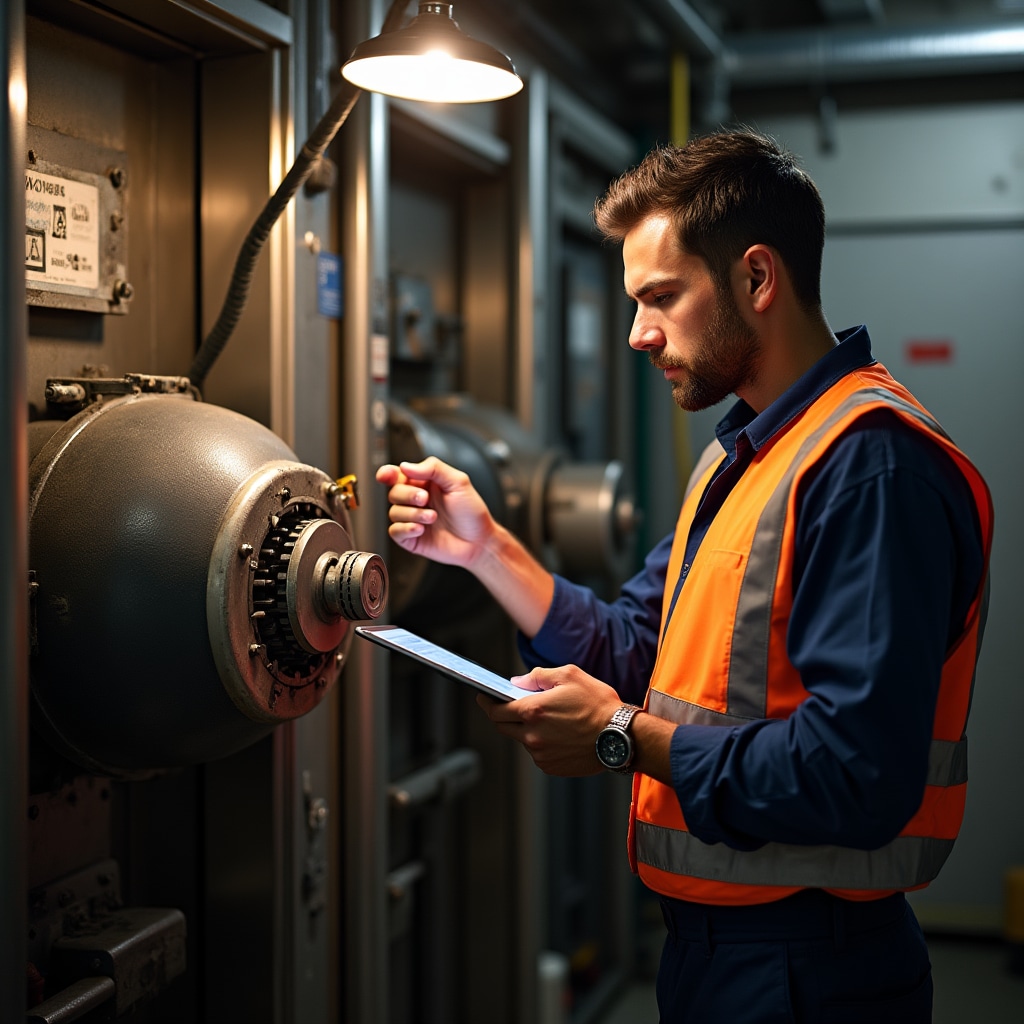 Technician inspecting elevator machine room equipment with flashlight examining motor and gearbox