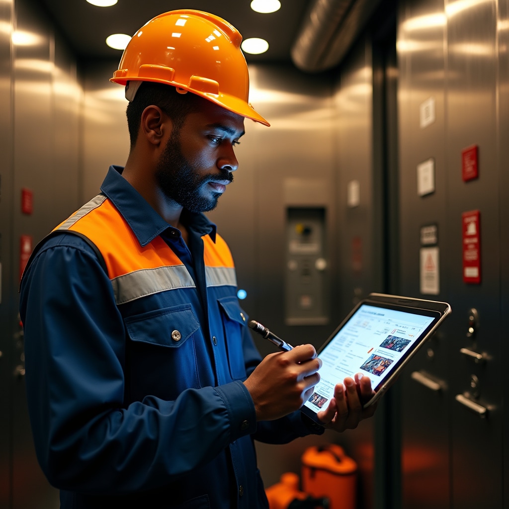 Technician in professional uniform writing detailed maintenance report on tablet in elevator machine room